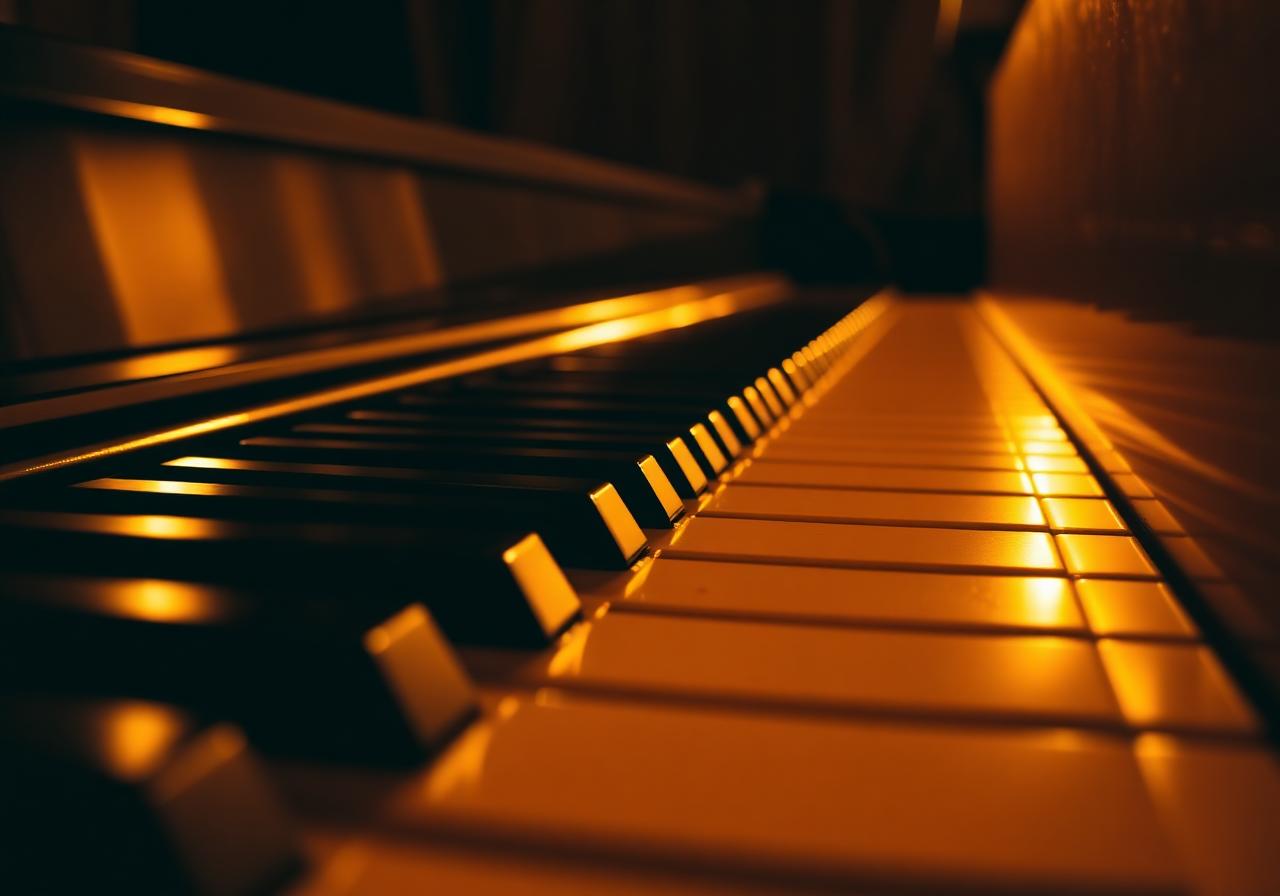 Detail van pianotoetsen in warm licht